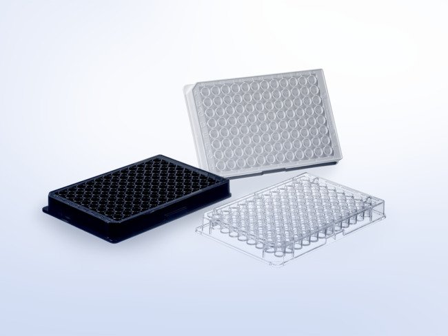 Drei 96 Well Mikroplatten in verschiedenen Farben. In weiß, schwarz und transparent..