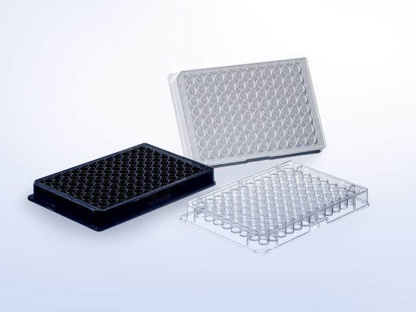 Three 96 well microplates in differenct colours. In white, black and clear.