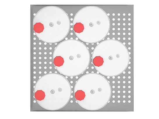 Fig. 1a: Front view of the incubator: 1 ) Top shelf: Cuboid multilayer devices 2) Lower shelf: CELLdisc